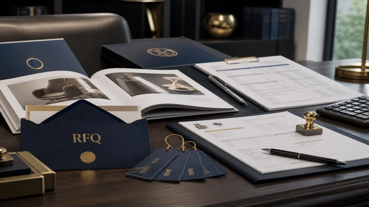 RFQ clipboard beside a human approval stamp and a CPQ folder, not an auto-send button