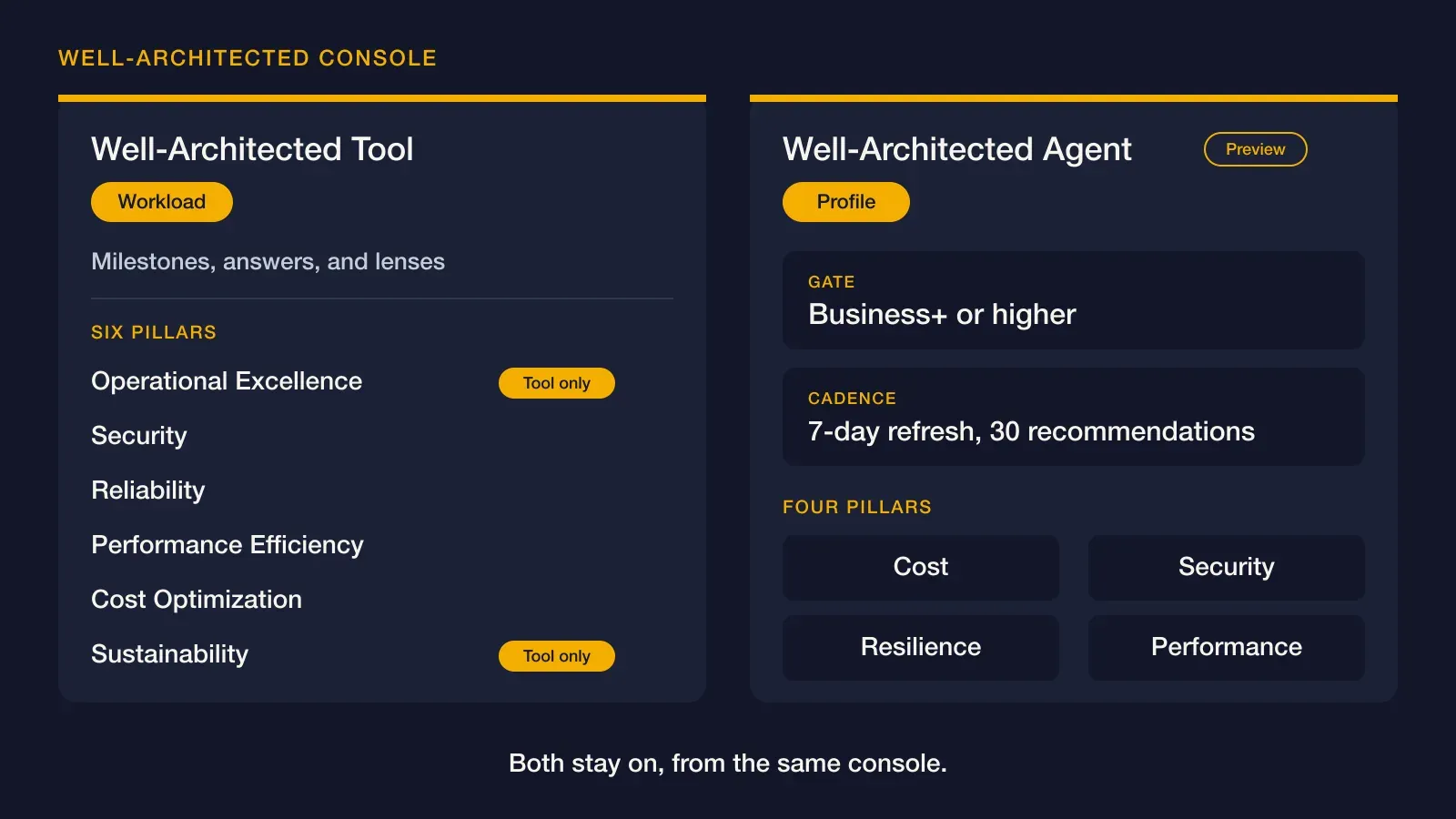 Lab figure of a Tool workload that keeps milestones and all six pillars, beside an Agent profile limited to cost, security, resilience, and performance. Not a customer account.